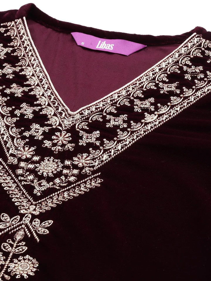 Maroon Embroidered Velvet A-Line Suit Set - Libas