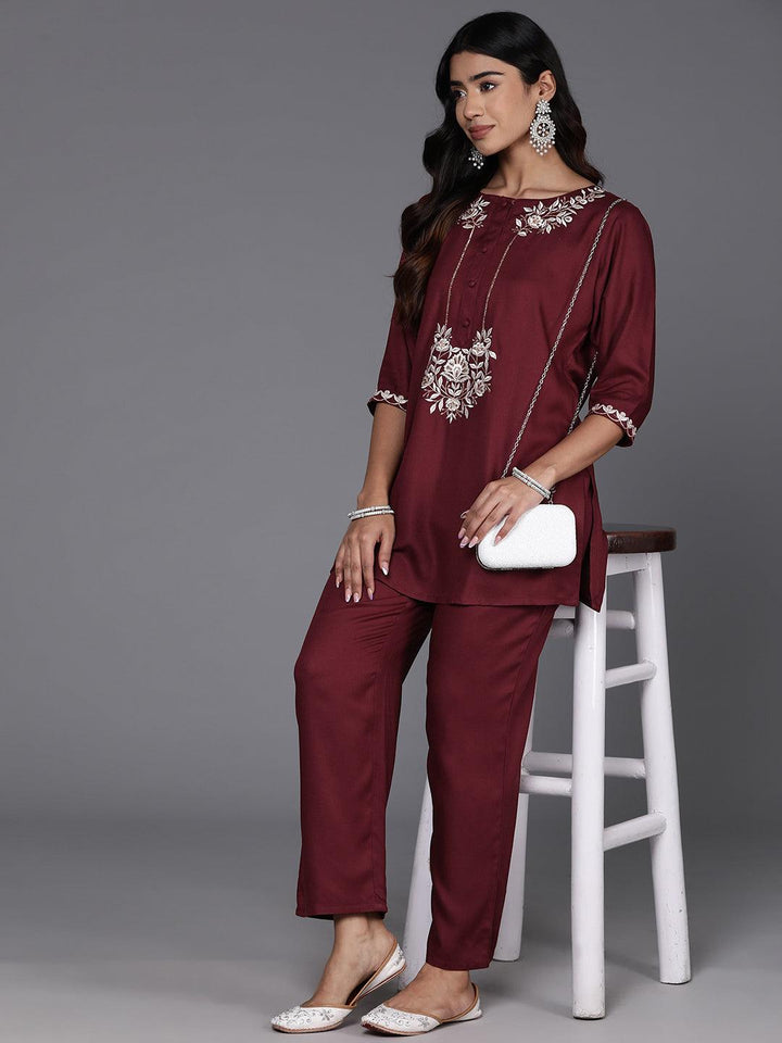 Maroon Embroidered Wool Blend Tunic With Trousers - Libas