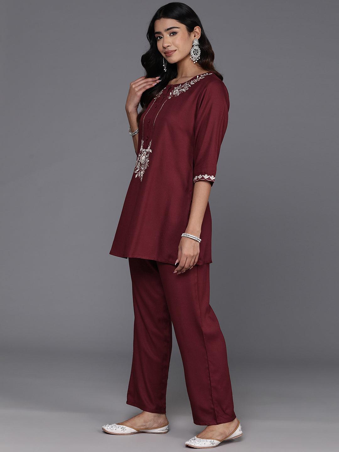 Maroon Embroidered Wool Blend Tunic With Trousers - Libas