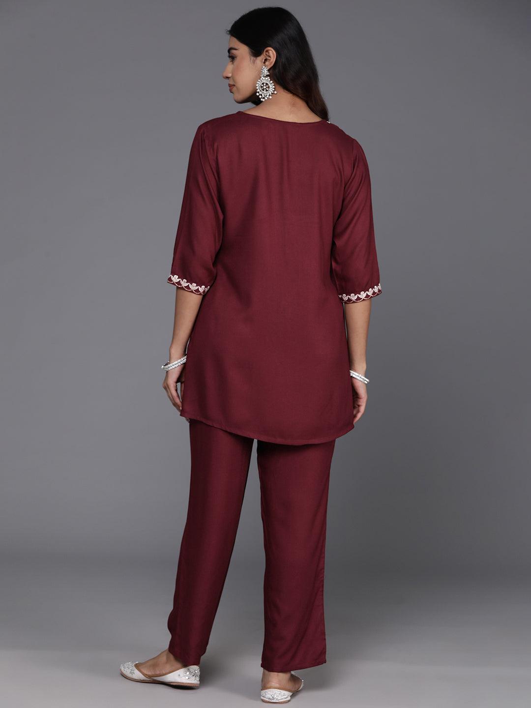 Maroon Embroidered Wool Blend Tunic With Trousers - Libas