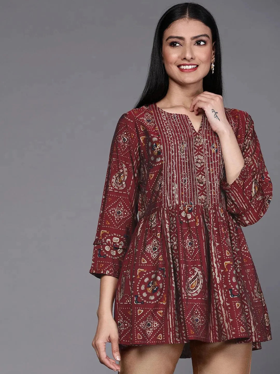 Maroon Printed A-Line Kurti - Libas 