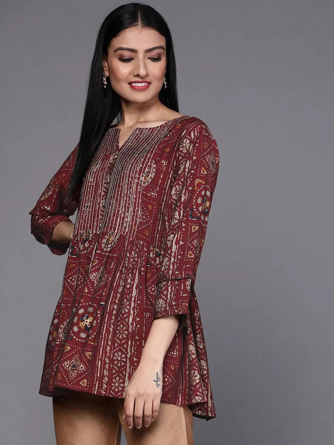 Maroon Printed A-Line Kurti - Libas 