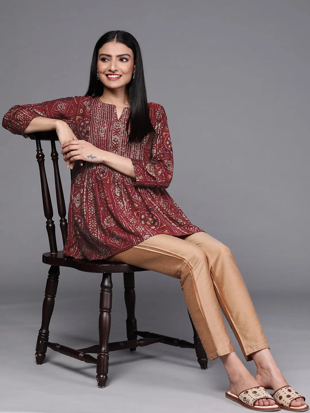 Maroon Printed A-Line Kurti - Libas 