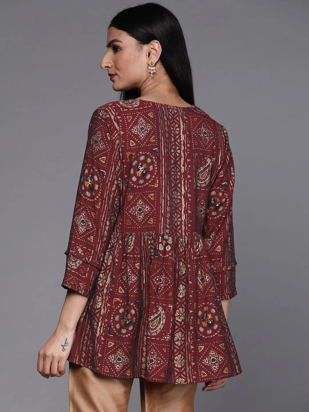 Maroon Printed A-Line Kurti - Libas 