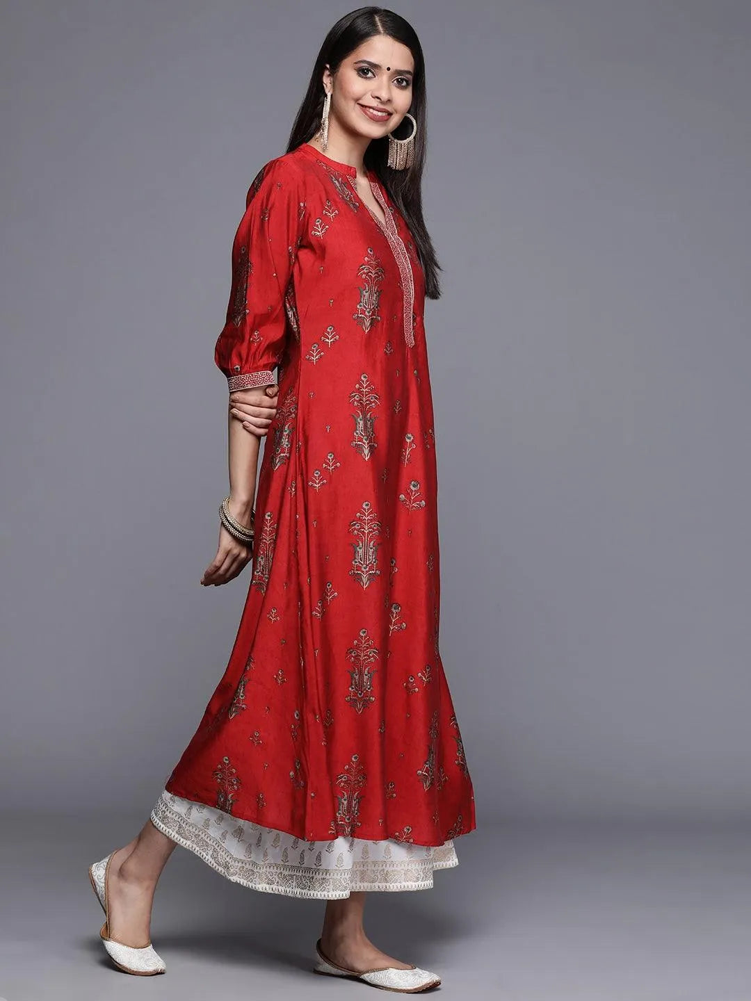 Maroon Printed Chanderi Silk Kurta - Libas