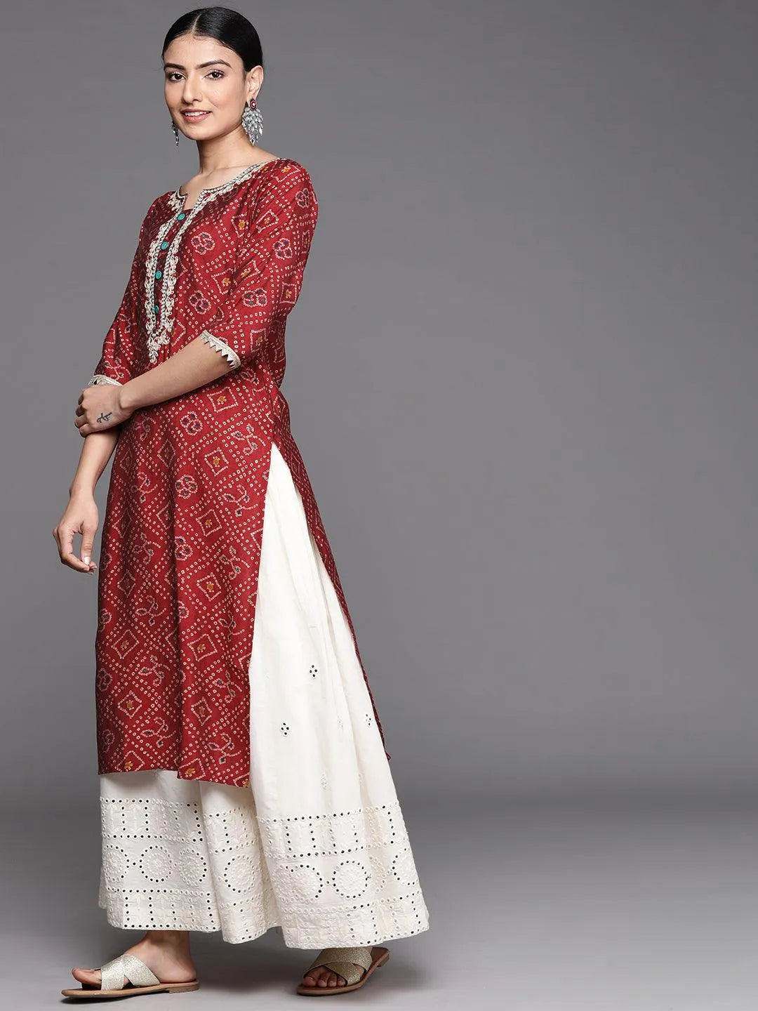 Maroon Printed Chanderi Silk Kurta - Libas 