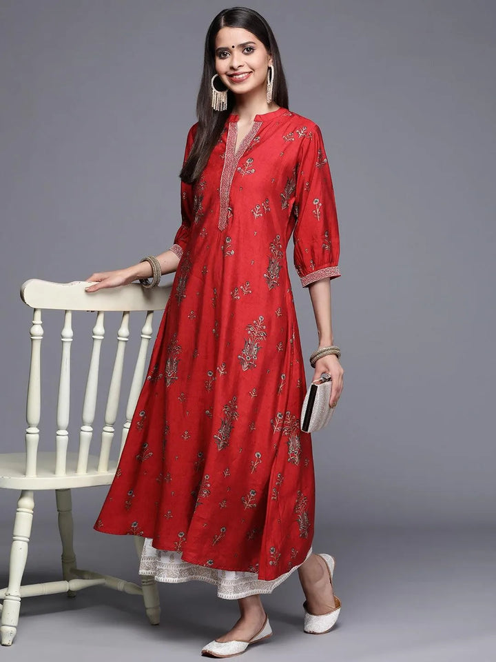 Maroon Printed Chanderi Silk Kurta - Libas