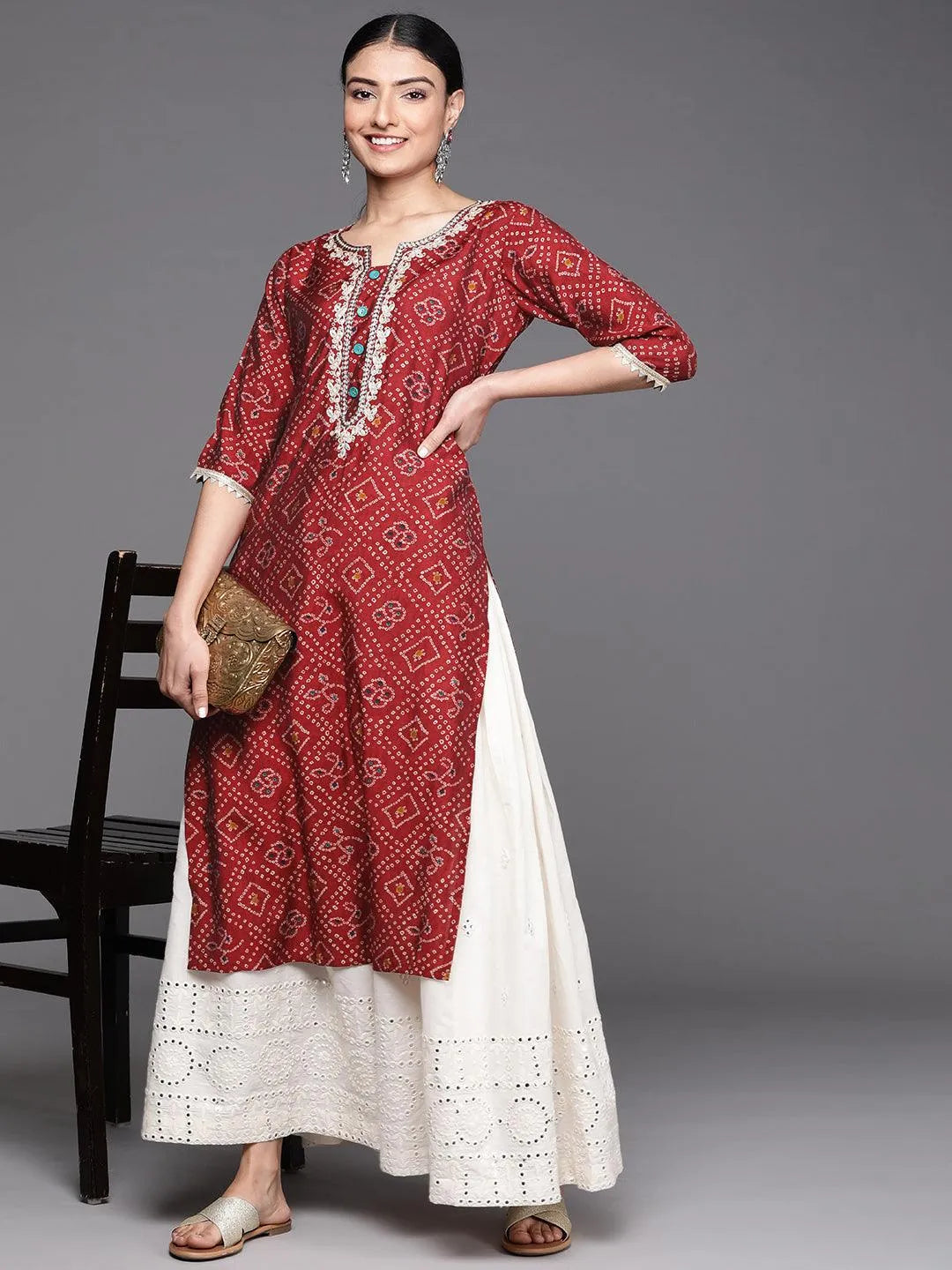 Maroon Printed Chanderi Silk Kurta - Libas 