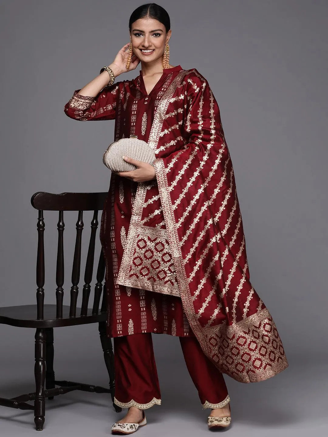 Maroon Printed Chanderi Silk Straight Suit Set - Libas 