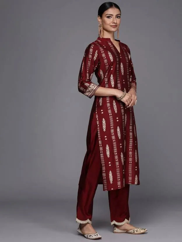 Maroon Printed Chanderi Silk Straight Suit Set - Libas 