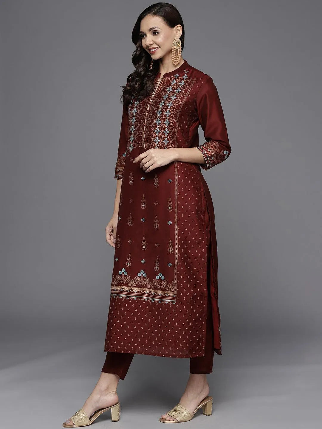 Maroon Printed Chanderi Silk Suit Set - Libas