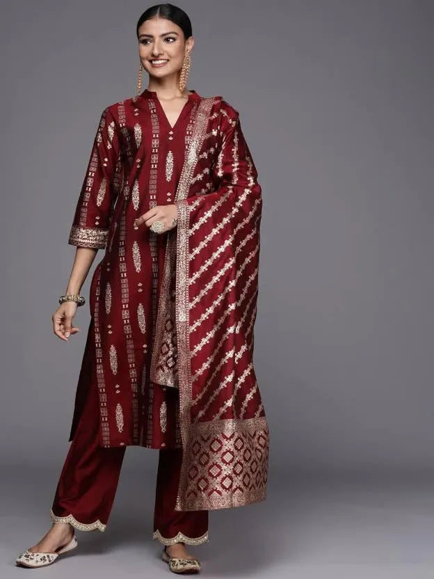 Maroon Printed Chanderi Silk Straight Suit Set - Libas 