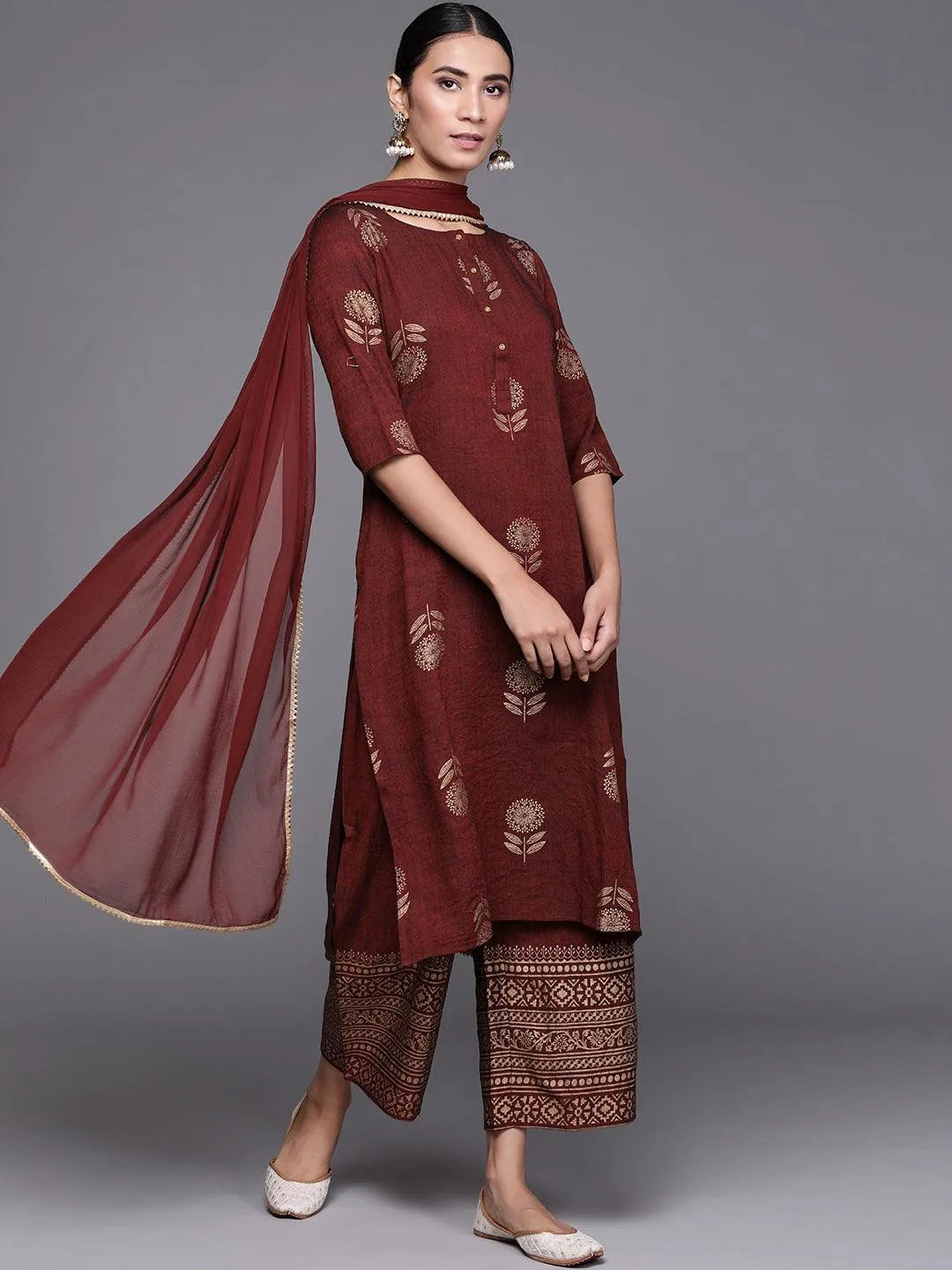 Maroon Printed Chanderi Silk Suit Set - Libas 