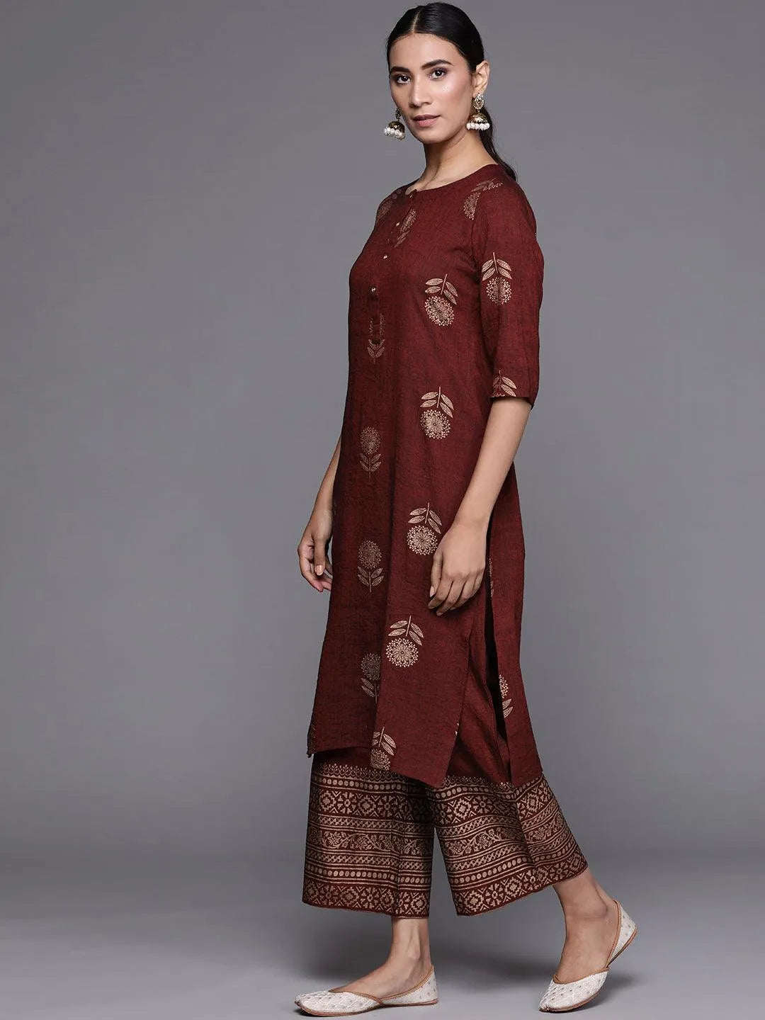 Maroon Printed Chanderi Silk Suit Set - Libas 