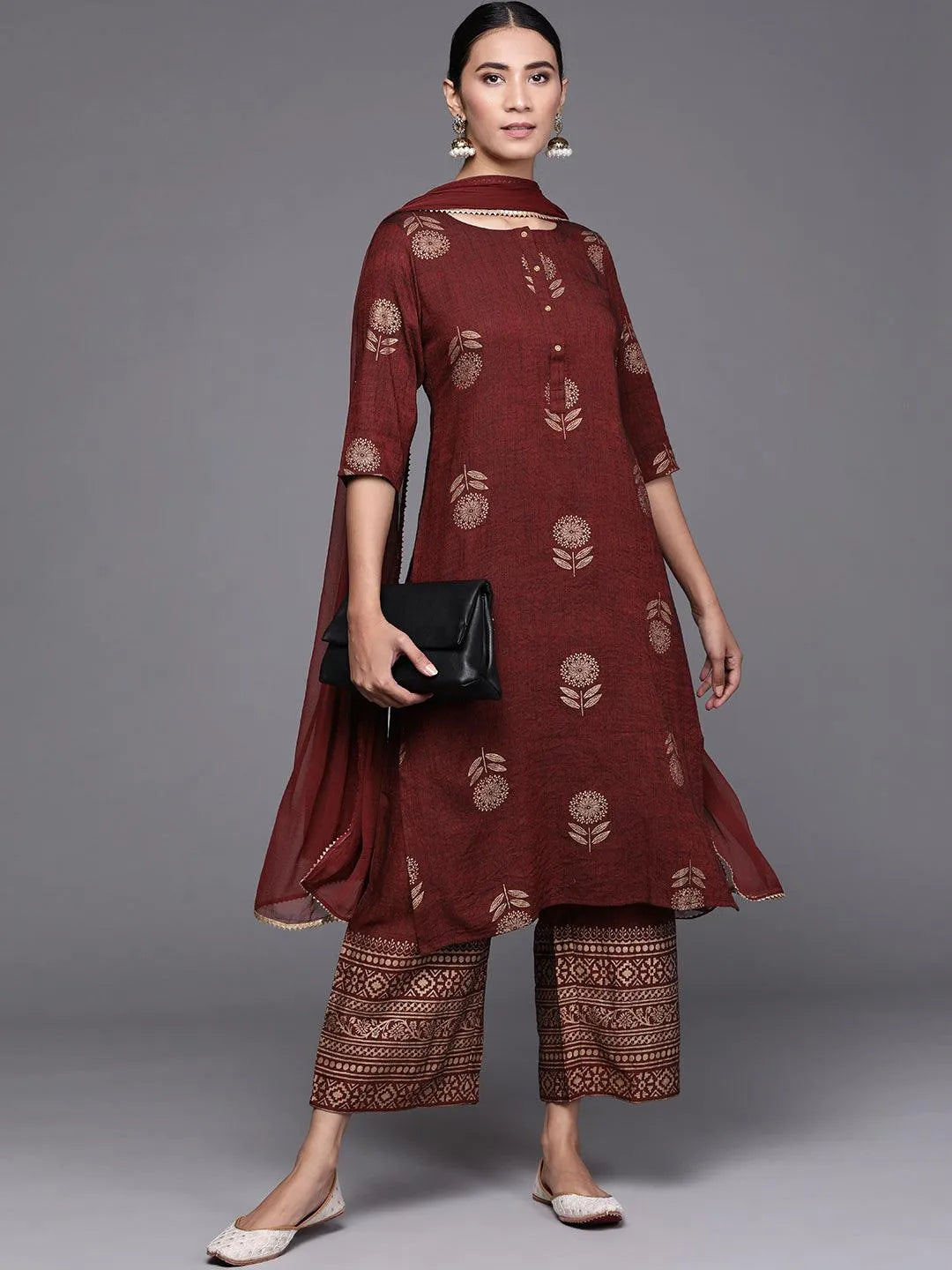 Maroon Printed Chanderi Silk Suit Set - Libas