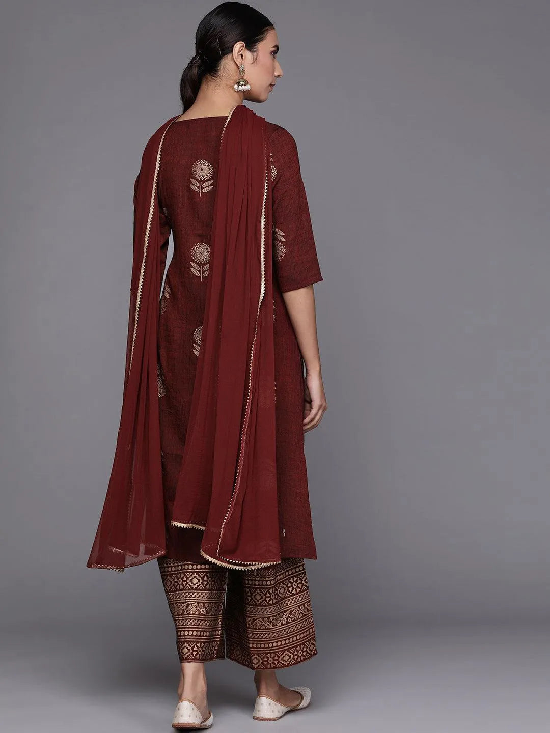 Maroon Printed Chanderi Silk Suit Set - Libas 