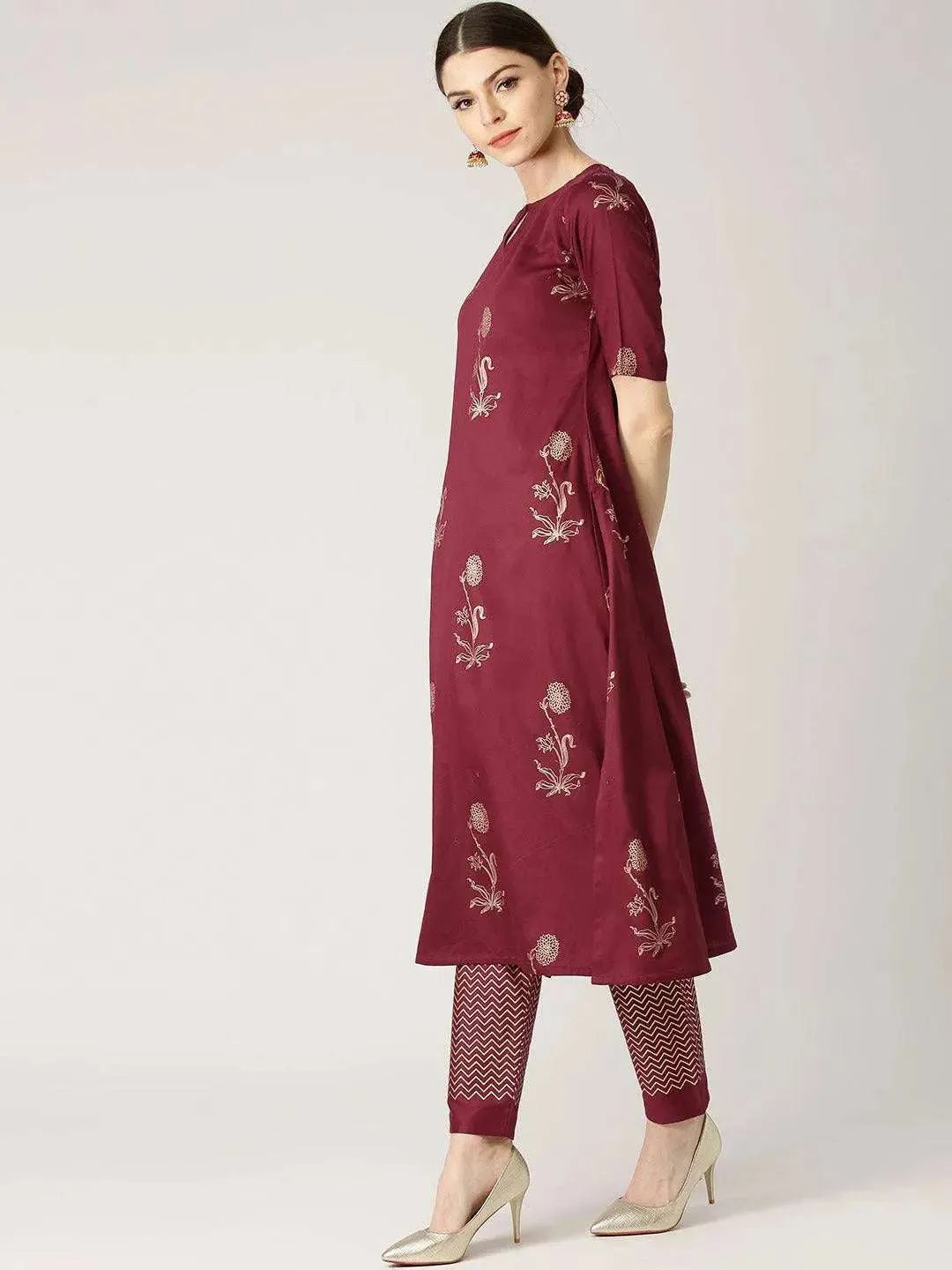 Maroon Printed Cotton Kurta Set - Libas 