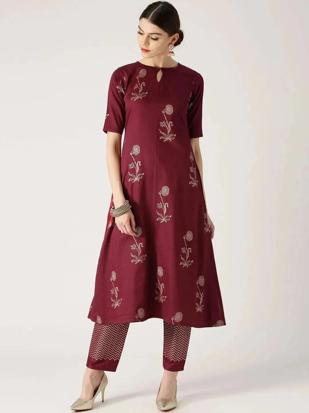 Maroon Printed Cotton Kurta Set - Libas 