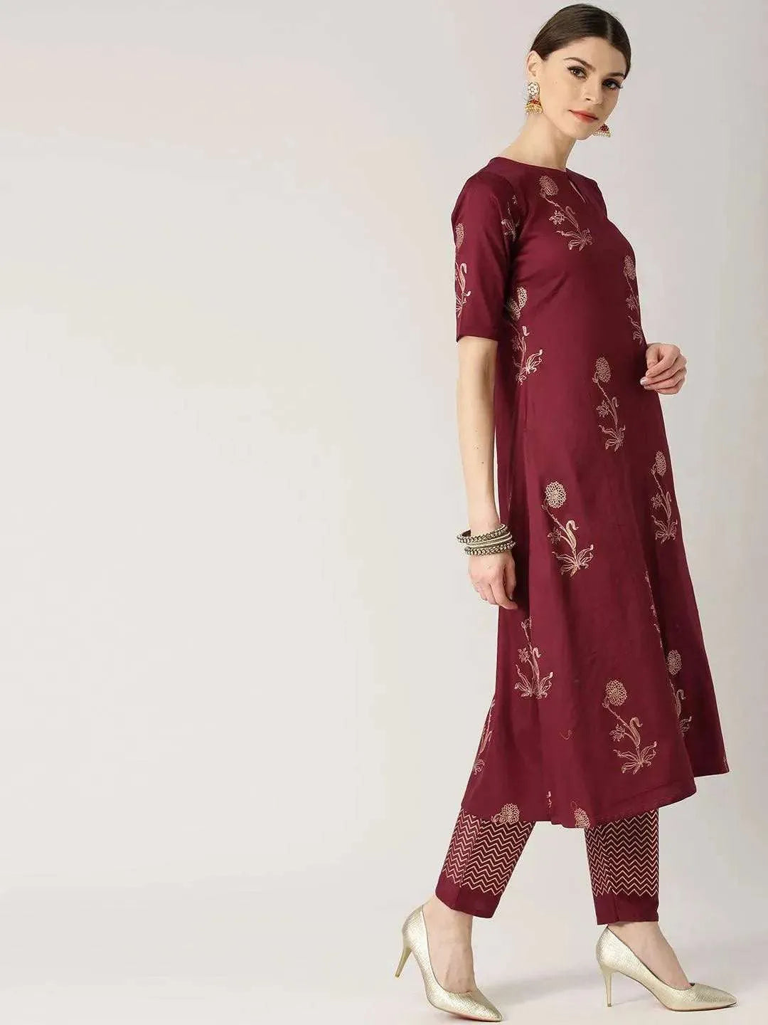 Maroon Printed Cotton Kurta Set - Libas 