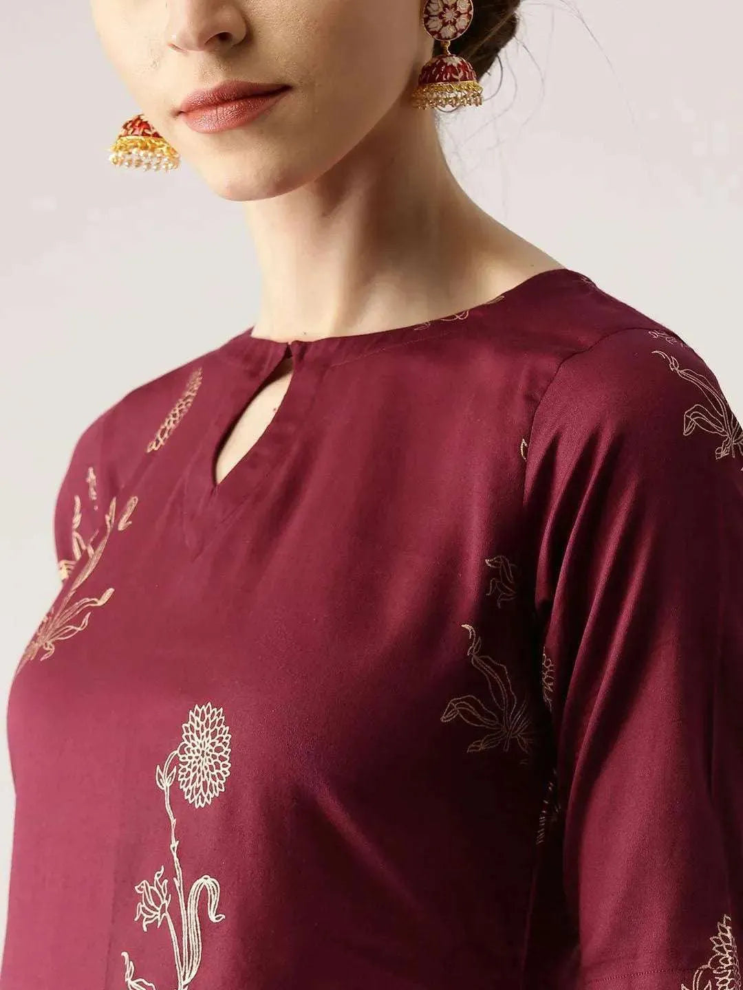 Maroon Printed Cotton Kurta Set - Libas 