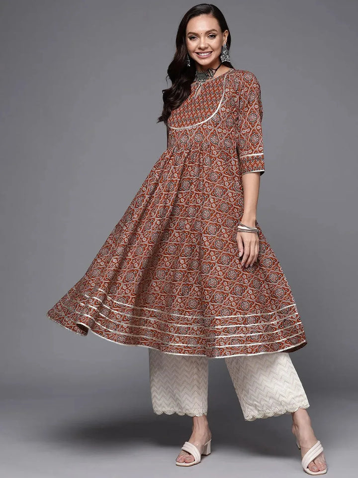 Maroon Printed Cotton Anarkali Kurta - Libas