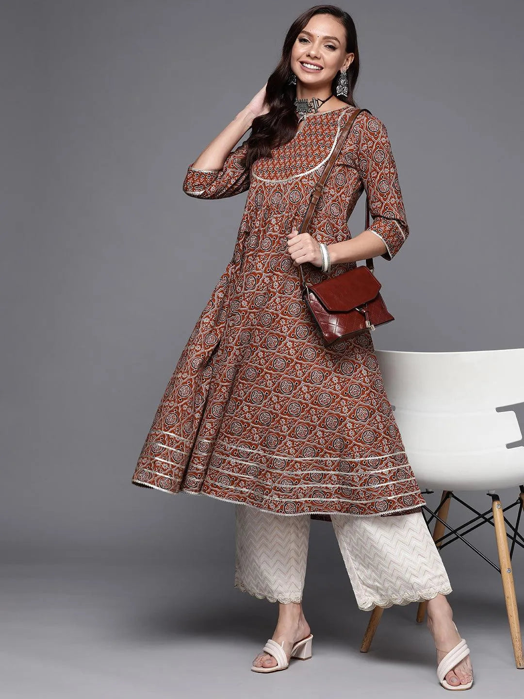 Maroon Printed Cotton Anarkali Kurta - Libas