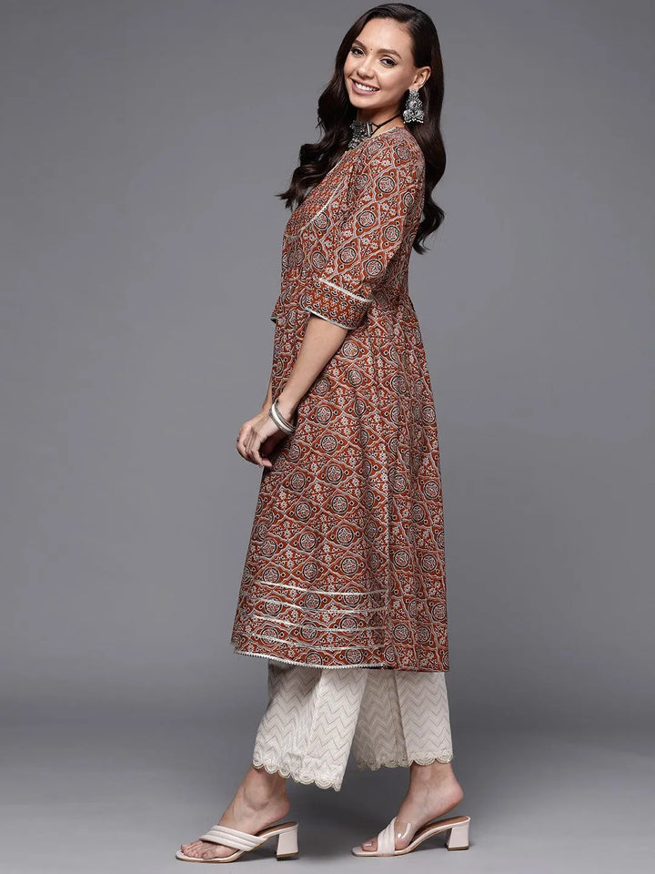 Maroon Printed Cotton Anarkali Kurta - Libas