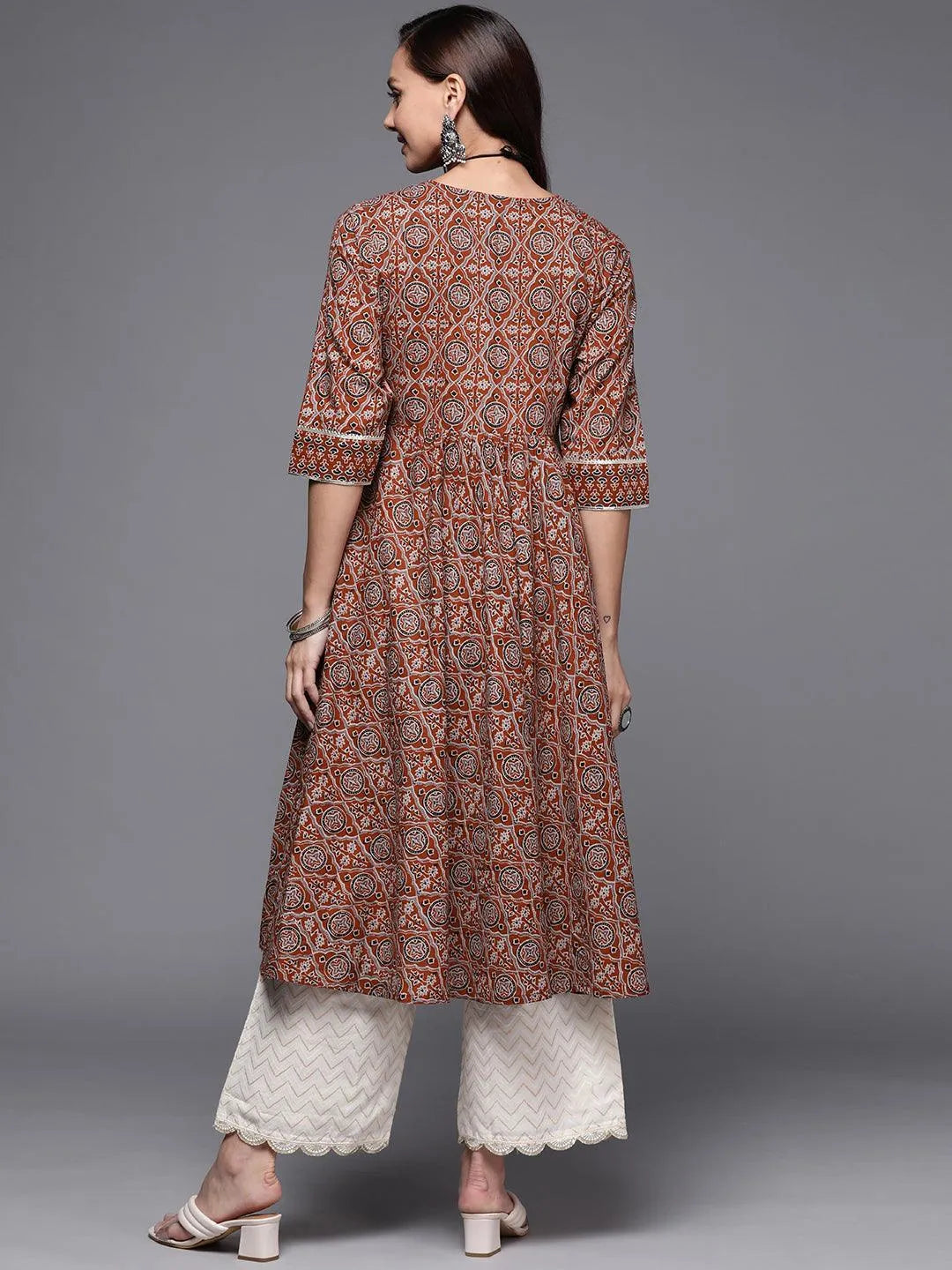 Maroon Printed Cotton Anarkali Kurta - Libas