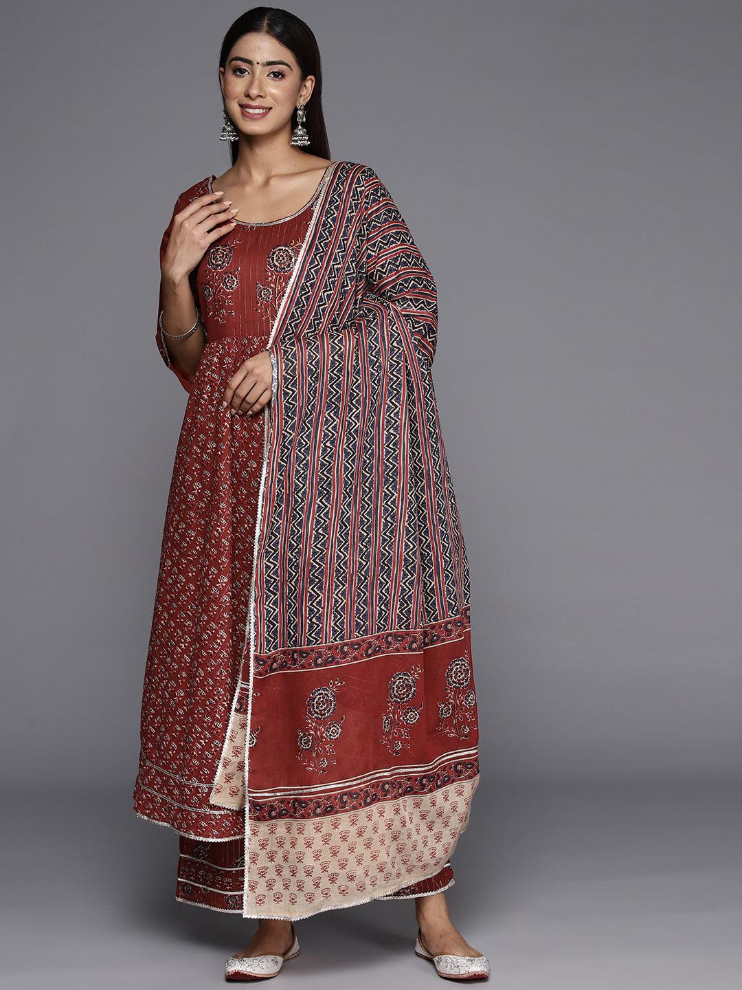 Maroon Printed Cotton Anarkali Kurta With Trousers & Dupatta - Libas