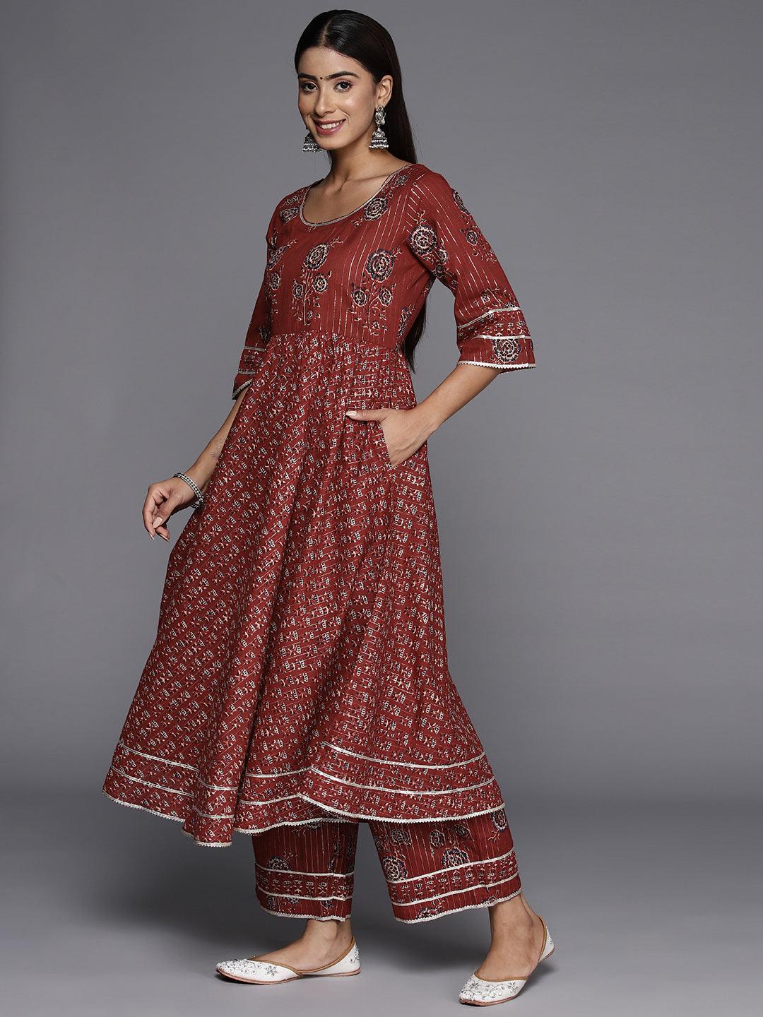 Maroon Printed Cotton Anarkali Kurta With Trousers & Dupatta - Libas