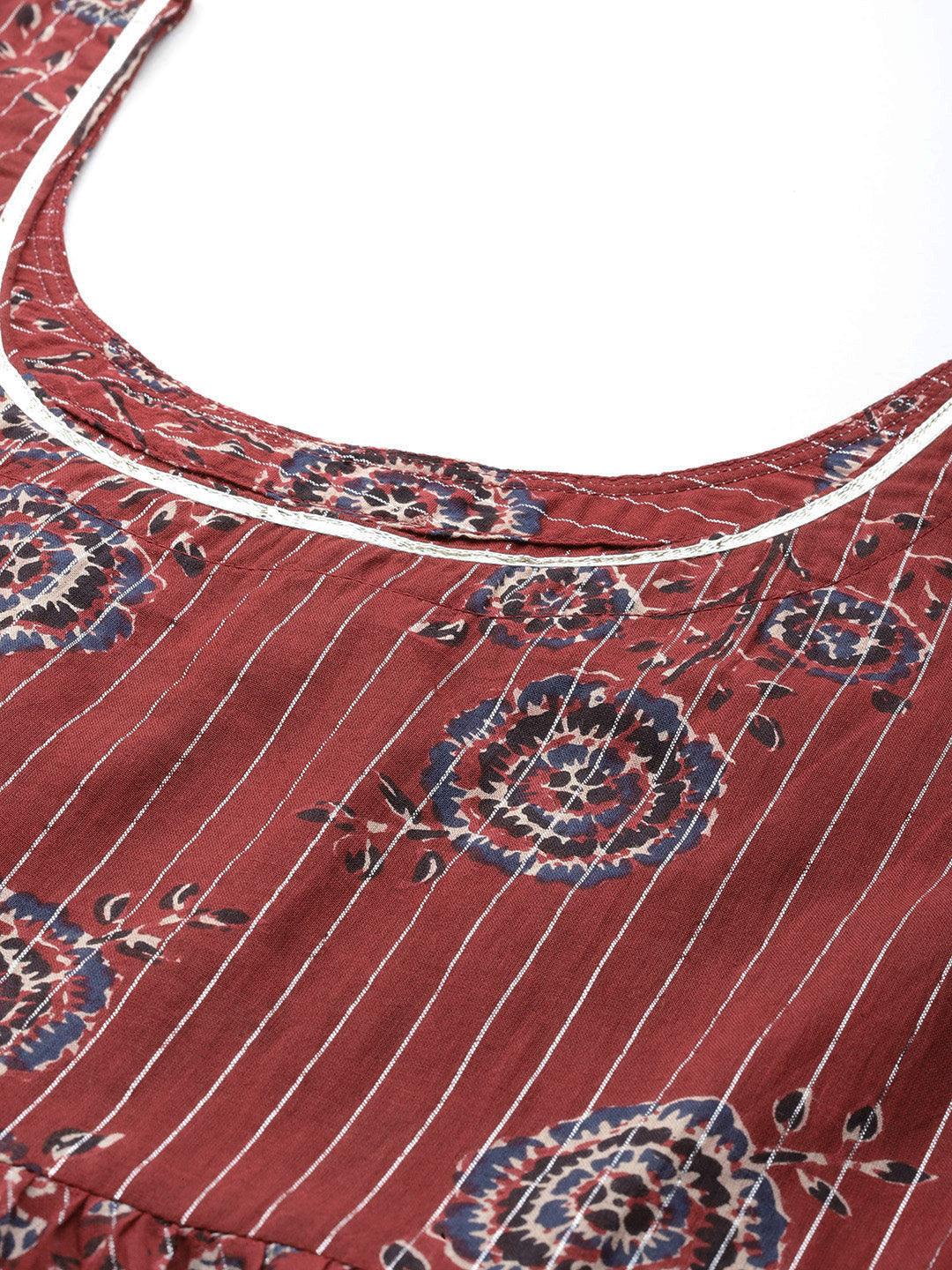 Maroon Printed Cotton Anarkali Kurta With Trousers & Dupatta - Libas