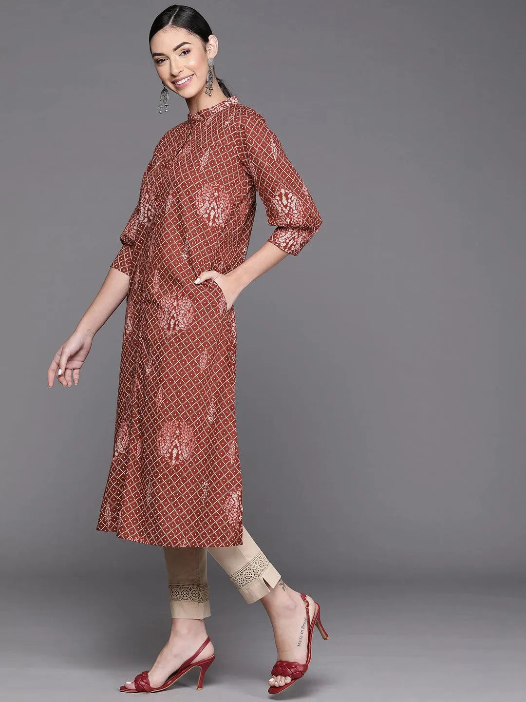 Maroon Printed Cotton Kurta - Libas