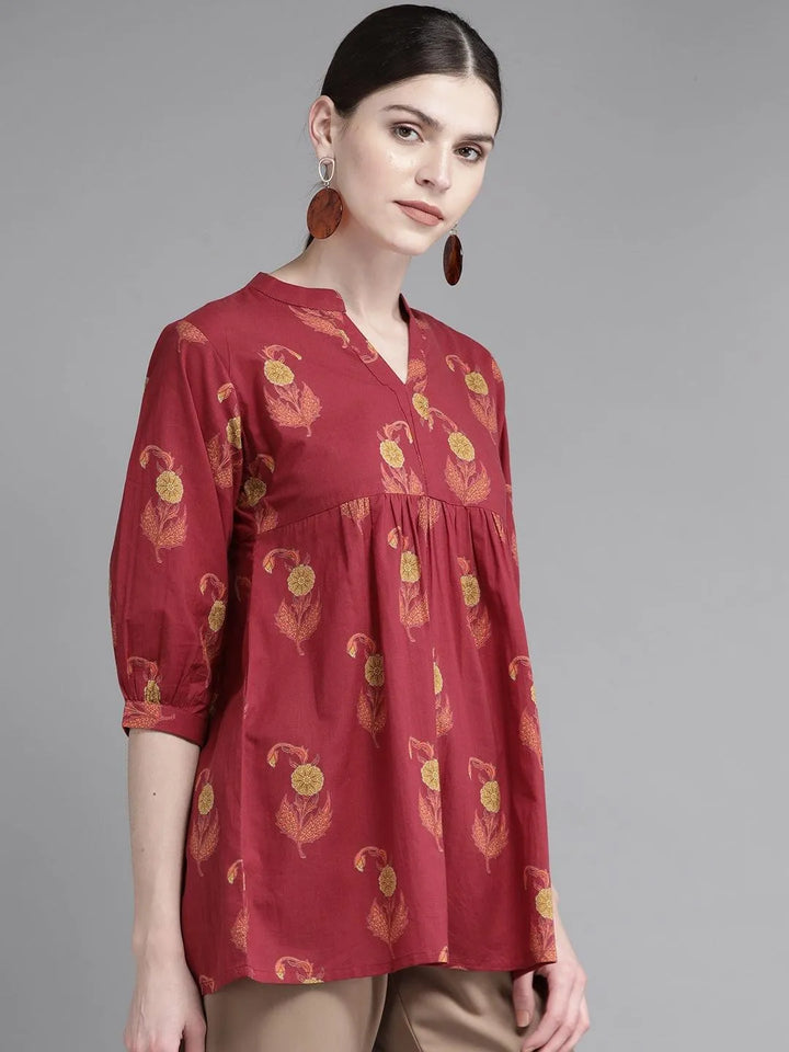 Maroon Printed Cotton Kurti - Libas