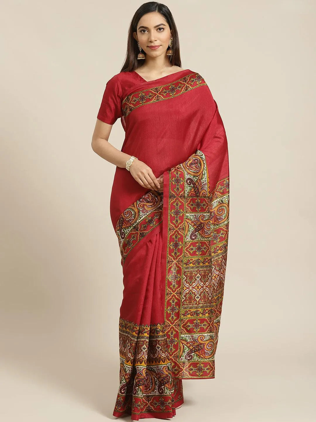 Maroon Printed Cotton Saree - Libas