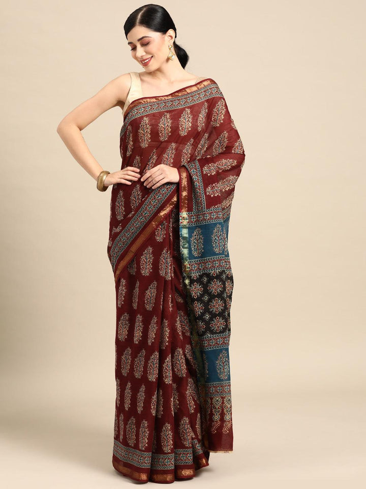 Maroon Printed Cotton Saree - Libas