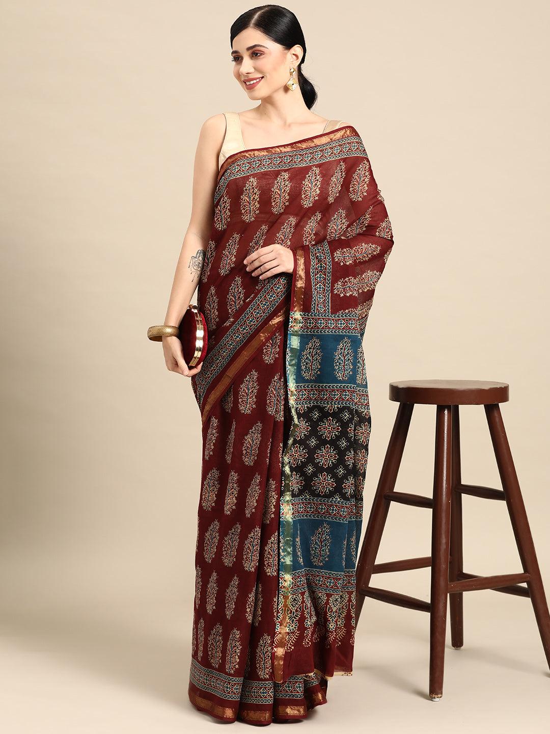 Maroon Printed Cotton Saree - Libas