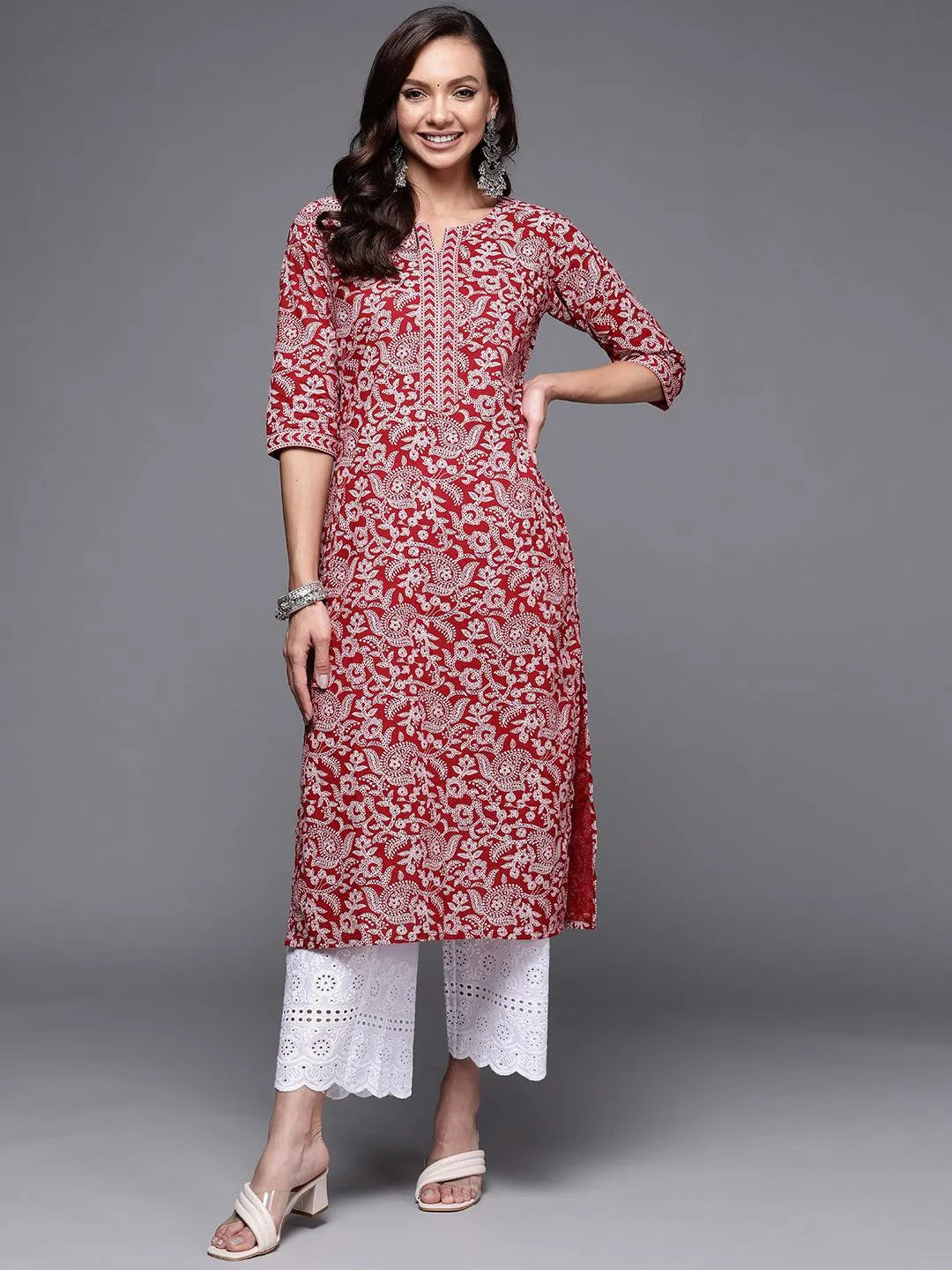 Maroon Printed Cotton Straight Kurta - Libas