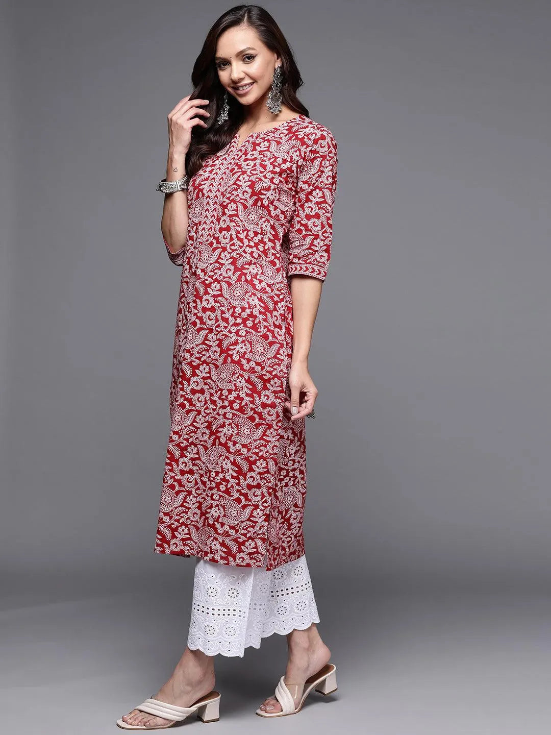 Maroon Printed Cotton Straight Kurta - Libas