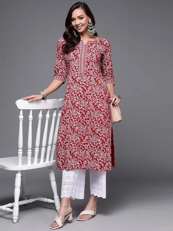 Maroon Printed Cotton Straight Kurta - Libas