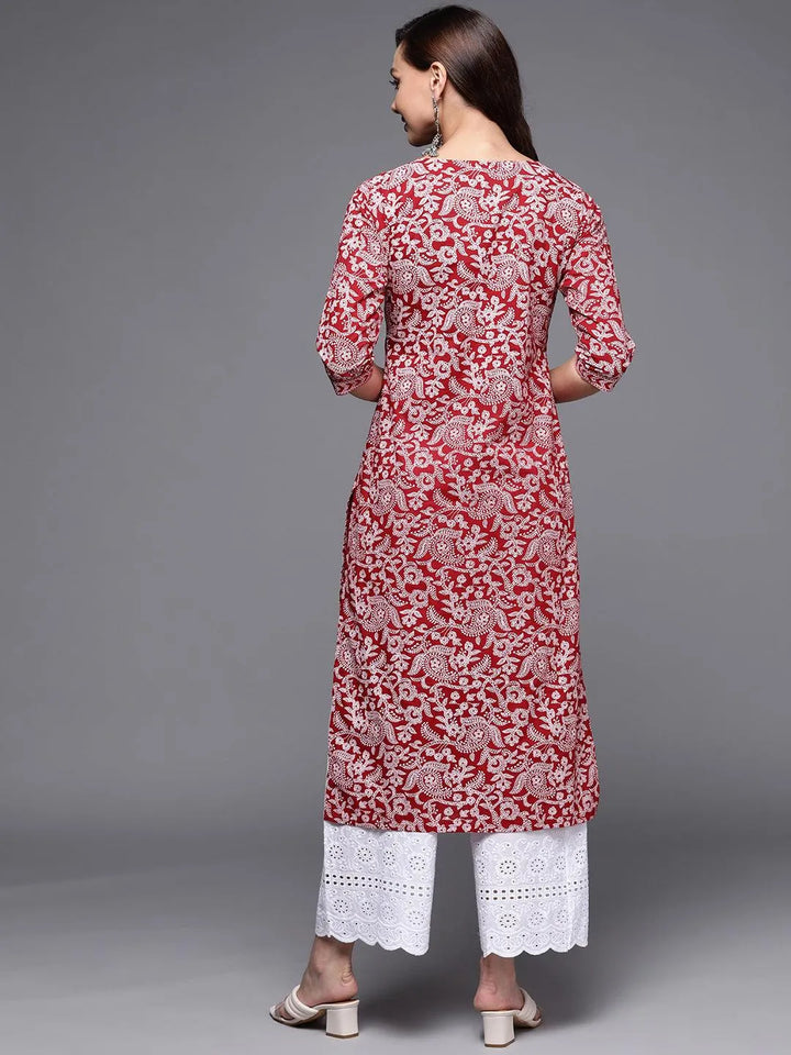 Maroon Printed Cotton Straight Kurta - Libas