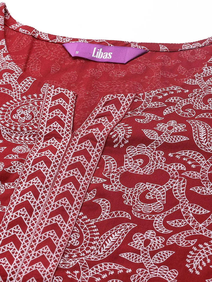 Maroon Printed Cotton Straight Kurta - Libas