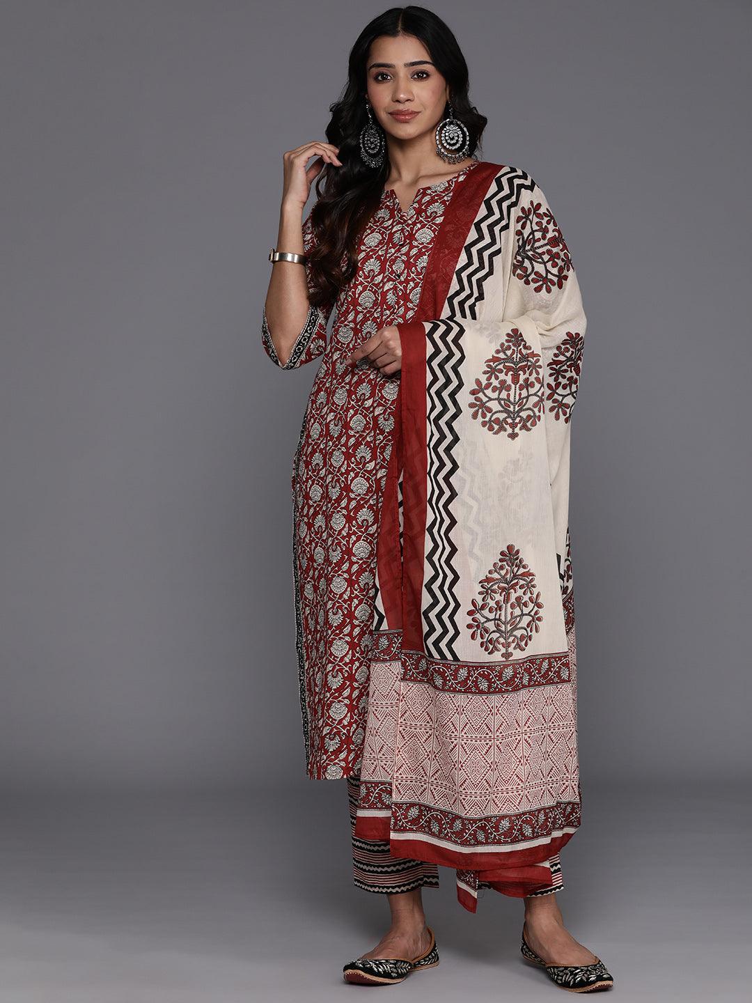 Maroon Printed Cotton Straight Kurta With Palazzos & Dupatta - Libas