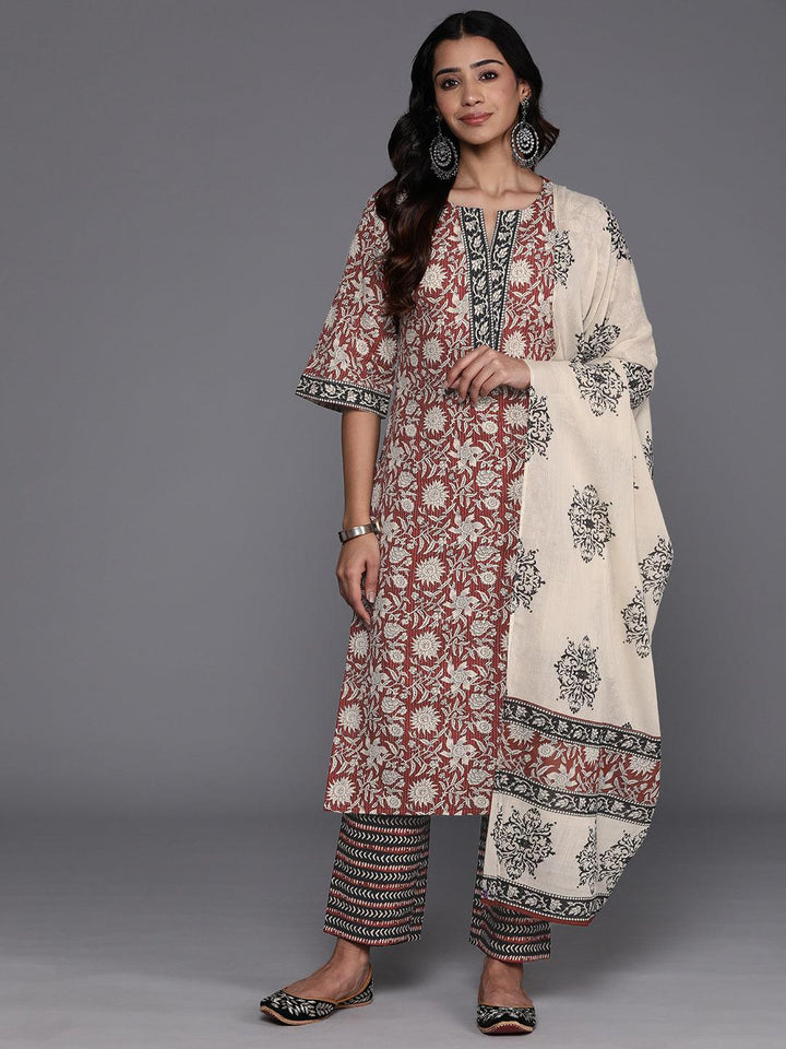 Maroon Printed Cotton Straight Kurta With Palazzos & Dupatta - Libas