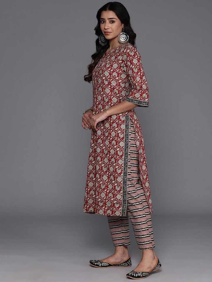 Maroon Printed Cotton Straight Kurta With Palazzos & Dupatta - Libas