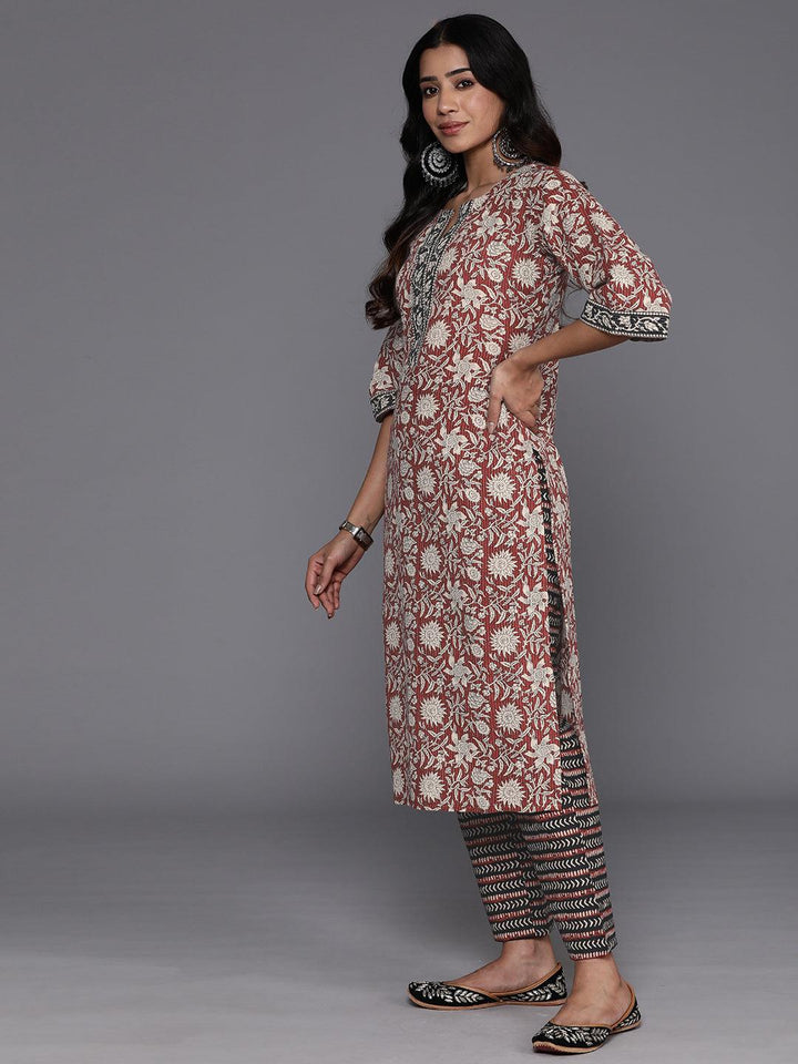 Maroon Printed Cotton Straight Kurta With Palazzos & Dupatta - Libas