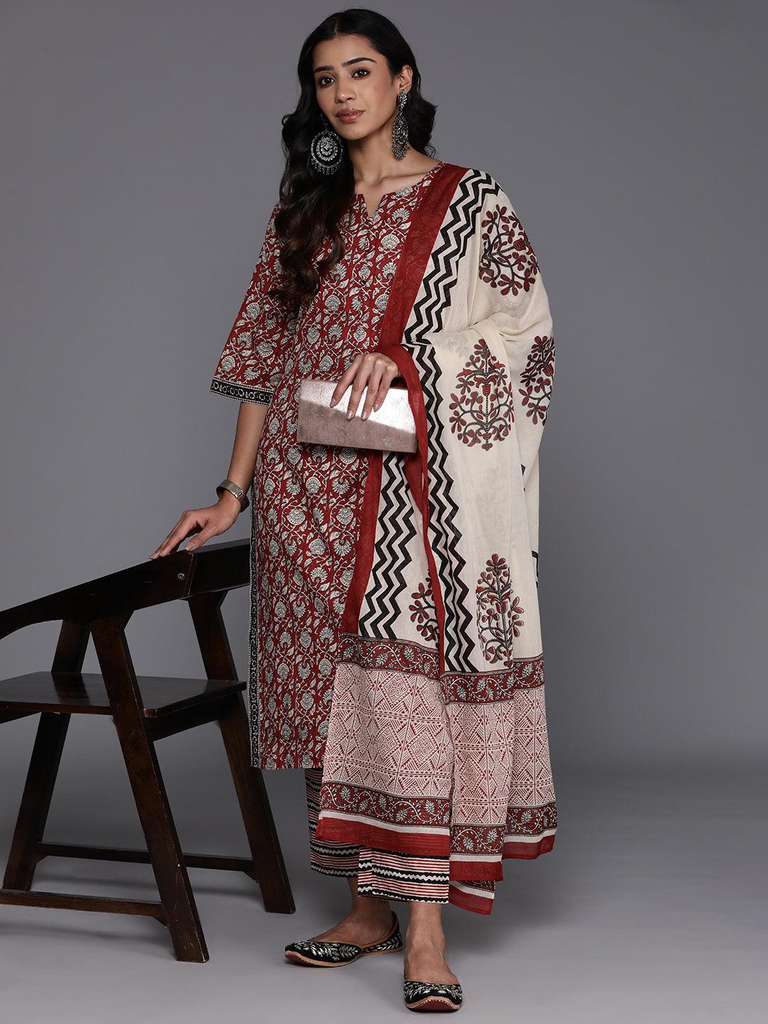 Maroon Printed Cotton Straight Kurta With Palazzos & Dupatta - Libas