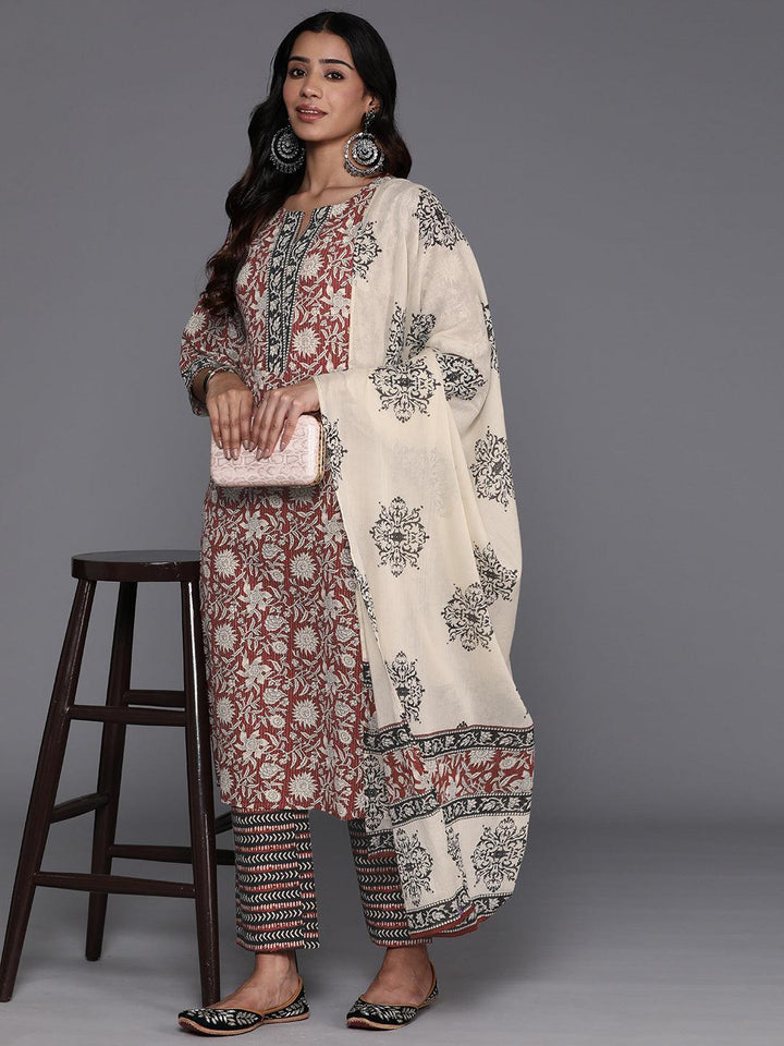 Maroon Printed Cotton Straight Kurta With Palazzos & Dupatta - Libas