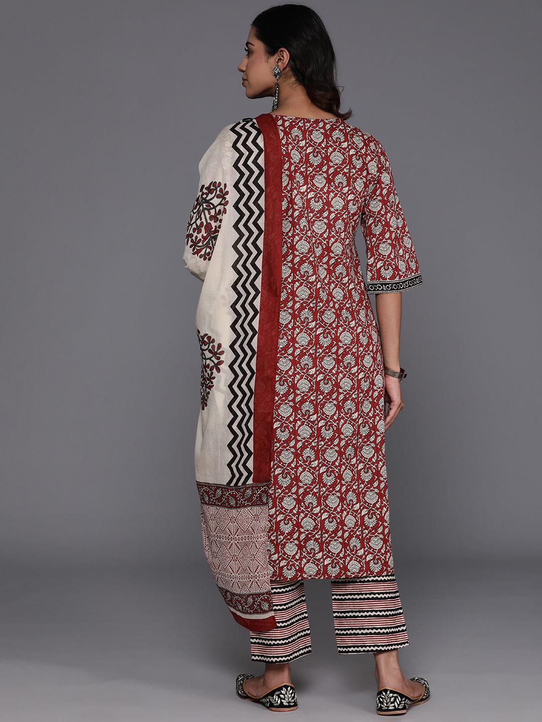 Maroon Printed Cotton Straight Kurta With Palazzos & Dupatta - Libas