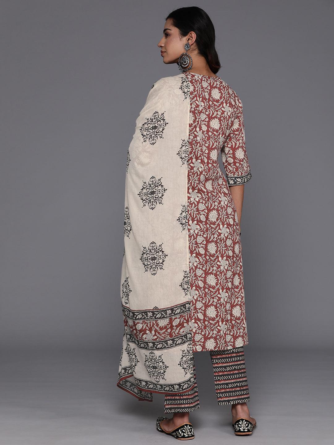 Maroon Printed Cotton Straight Kurta With Palazzos & Dupatta - Libas