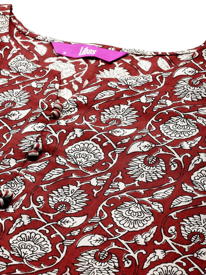 Maroon Printed Cotton Straight Kurta With Palazzos & Dupatta - Libas